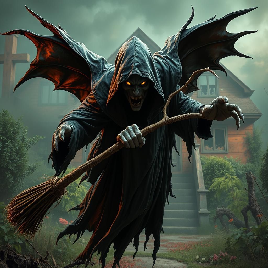 Menacing Ghost Soaring on Broomstick in Hyperrealistic Art