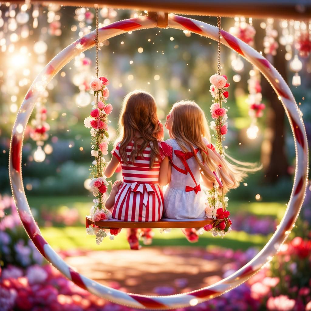 Girls on Flower Swings in Whimsical Garden