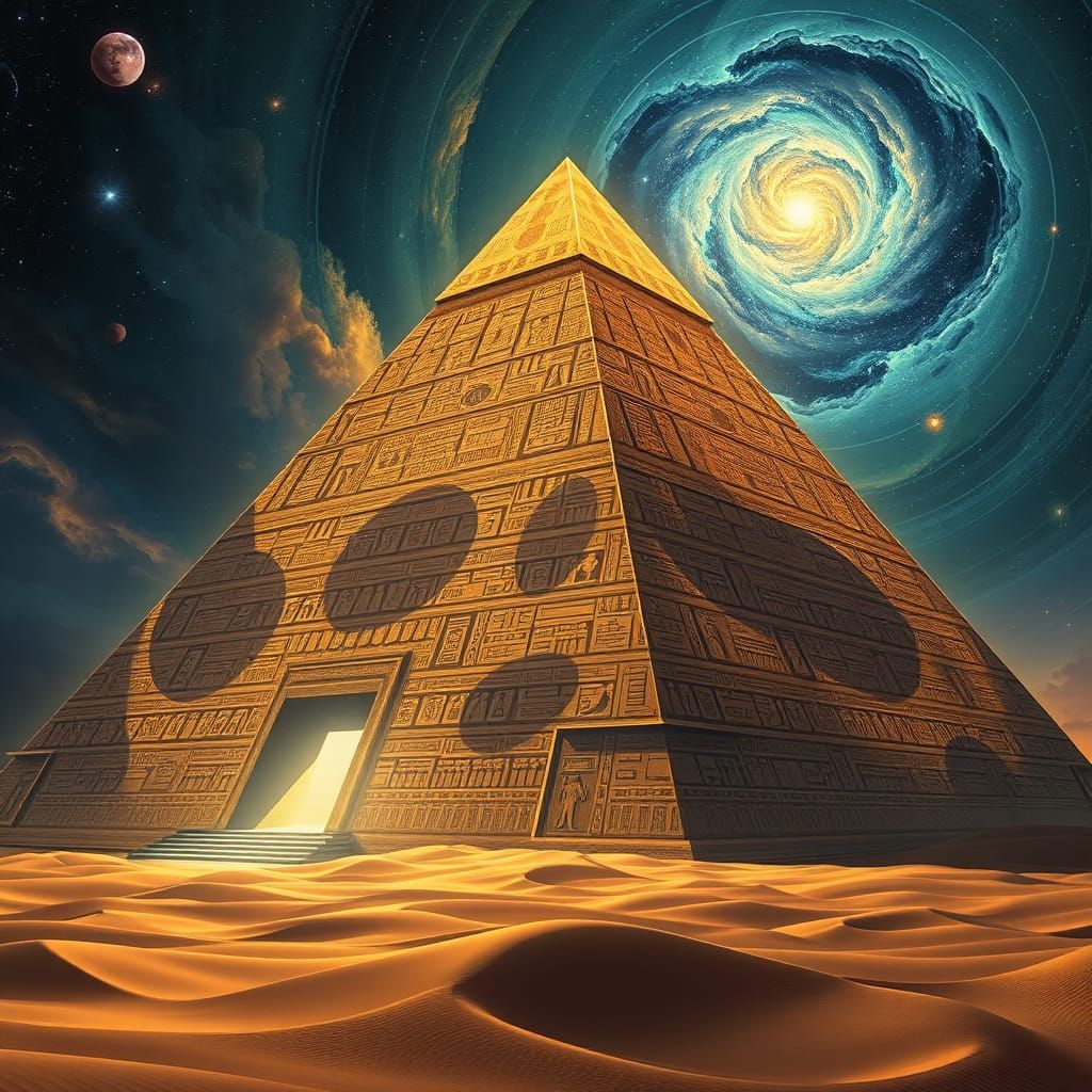 Cosmic Hieroglyphic Pyramid in Dreamlike Art Deco Style