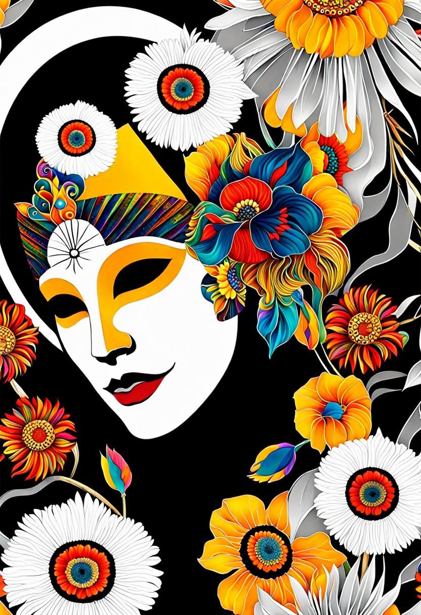 Shogun in Dia de los Muertos Mask, Klimt-Inspired Pop Art