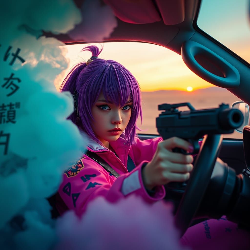Fierce Cosplayer Drives Through Pastel Cyberpunk Desert