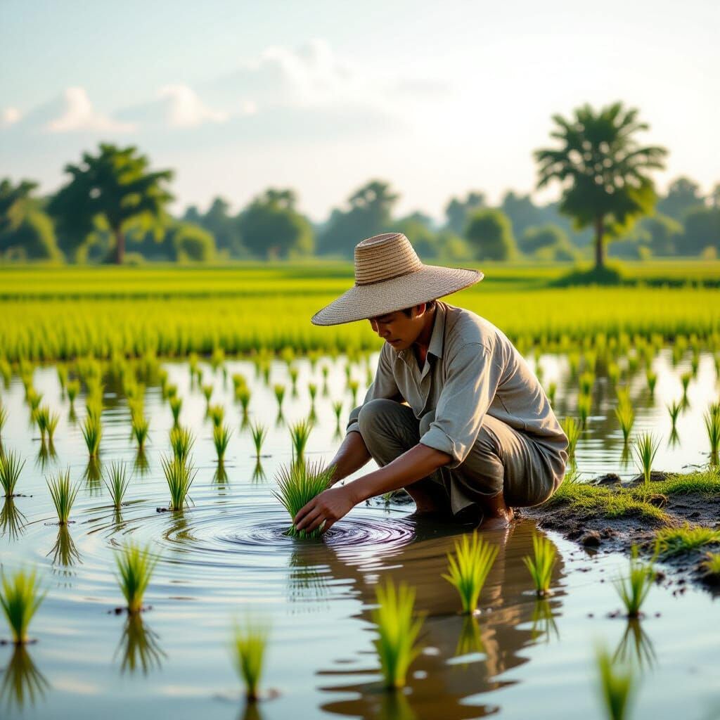 Peaceful Paddy Field Scene with Farmer in Realistic Photogra...