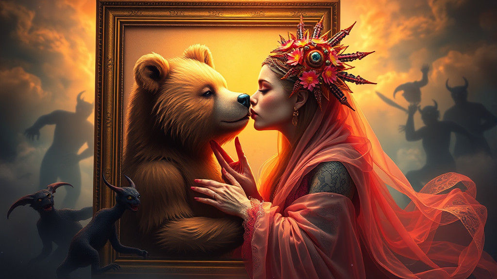 Anthropomorphic Bears Kiss in Photorealistic Cyberpunk Paint...