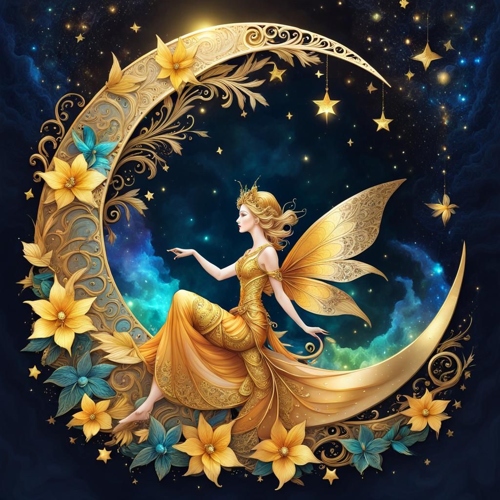 Golden Fairy on Filigree Moon, Alcohol Ink Art