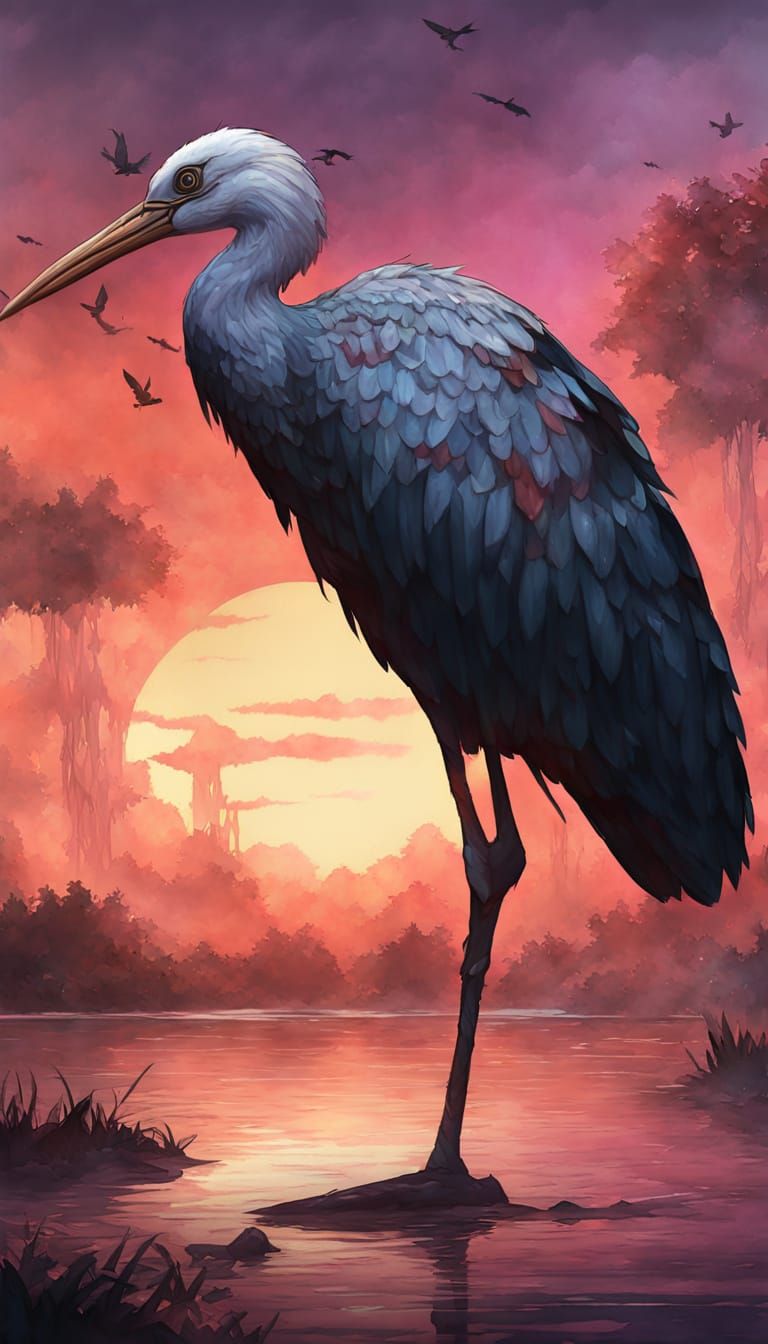 Ethereal Stork Silhouette at Sunset