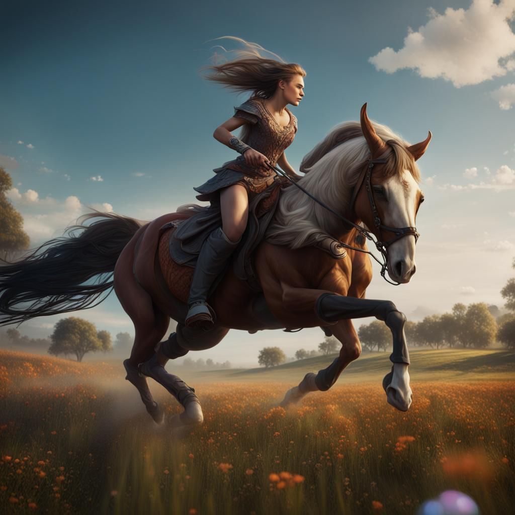 Girl Galloping Bareback: Detailed Fantasy Matte Painting