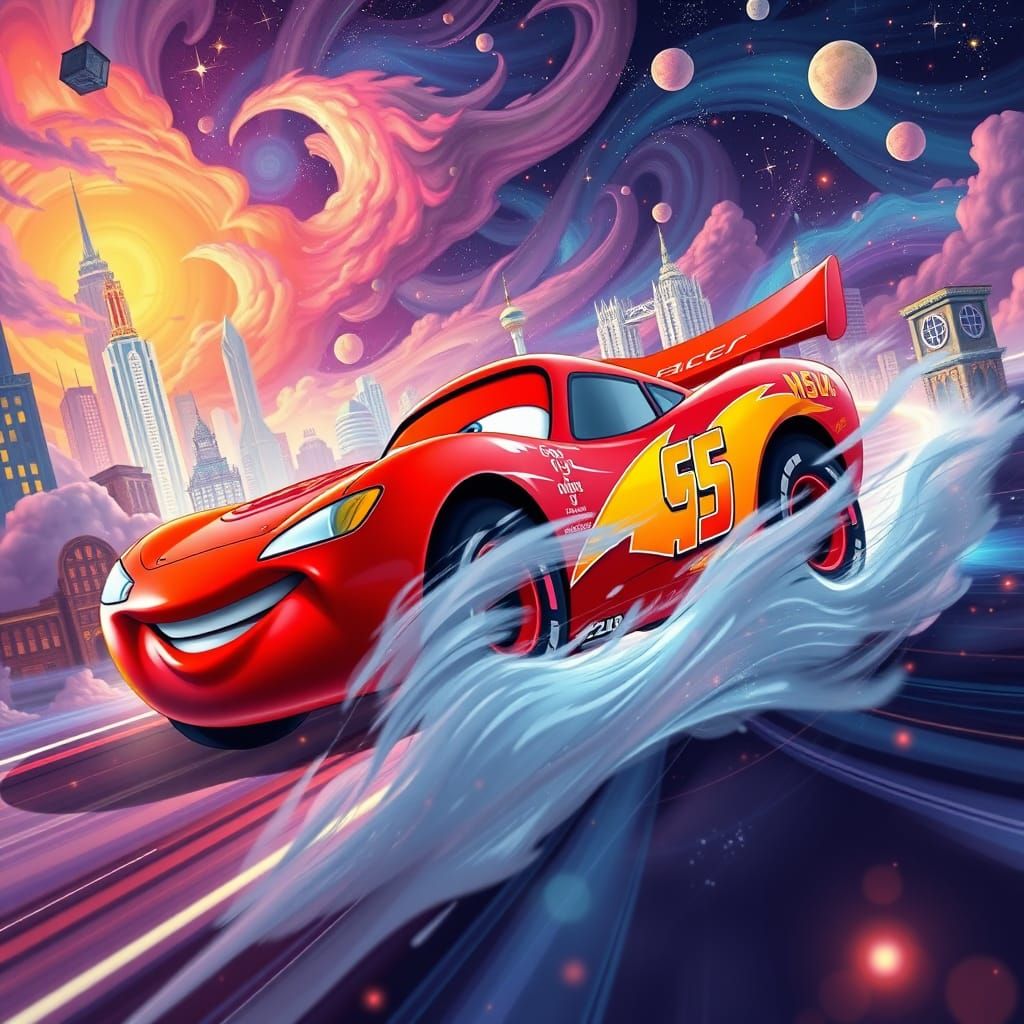 Vibrant Red Lightning McQueen Speeds Through Cosmic City