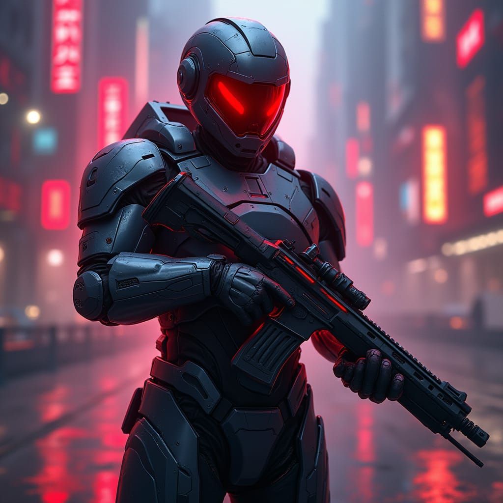 Futuristic Soldier in Cybernetic Armor with Laser Rifle