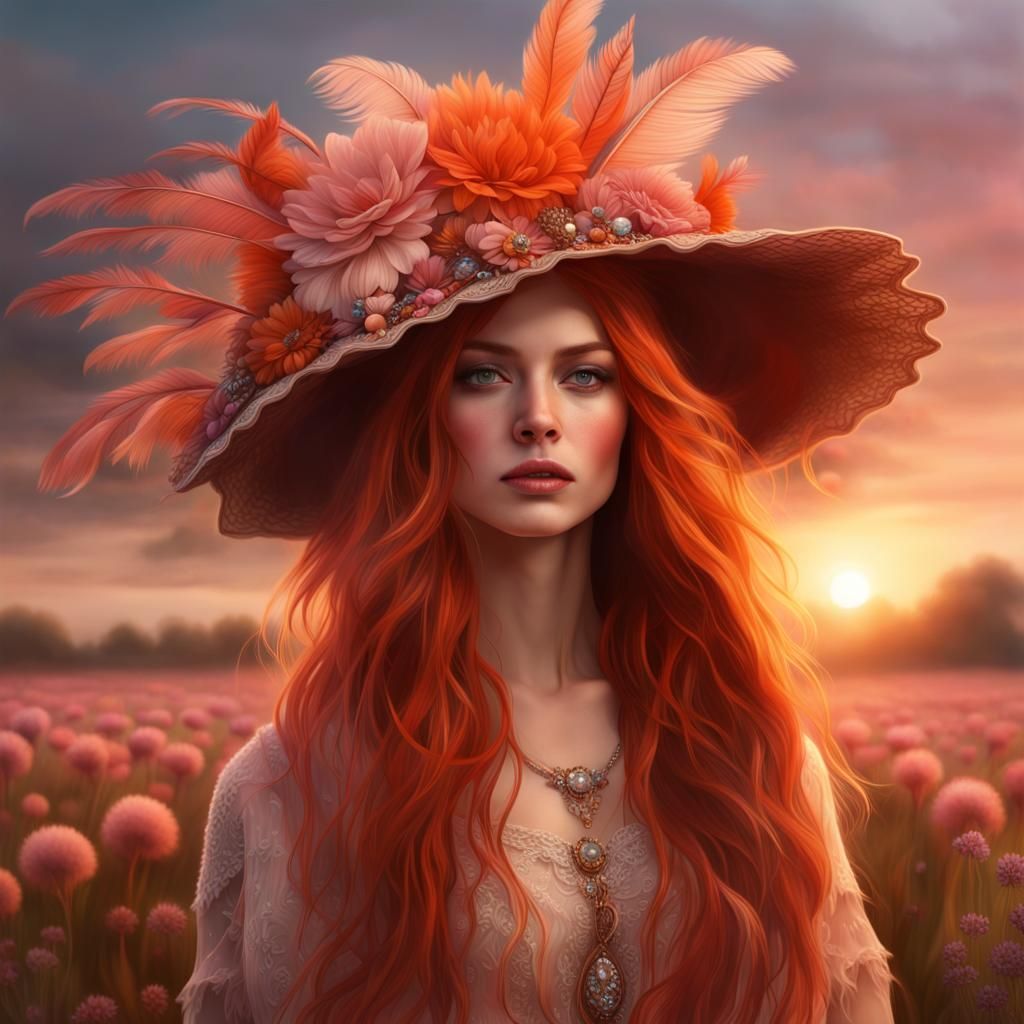 Beautiful Redhead in Sunset Meadow: Hyperrealistic Painting
