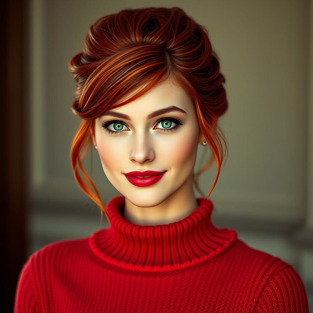 Elegant Art Nouveau Portrait in Deep Red and Emerald