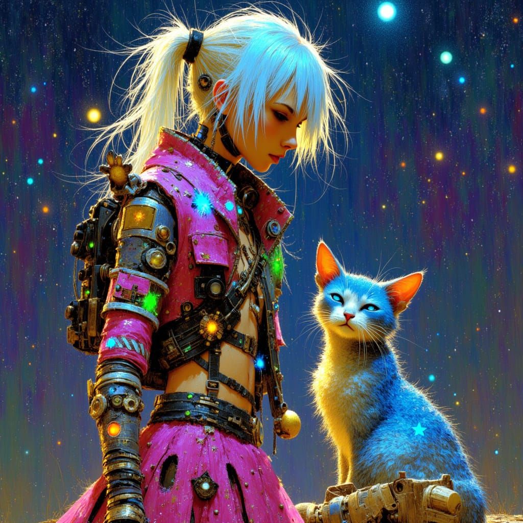 Retro-Futuristic Woman and Cat in Cosmic Nebula