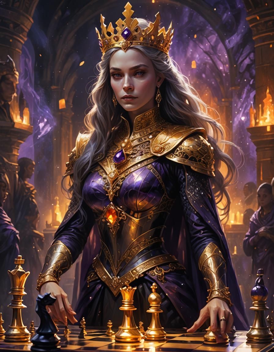 Queen on Golden Chessboard in Dark Fantasy Style