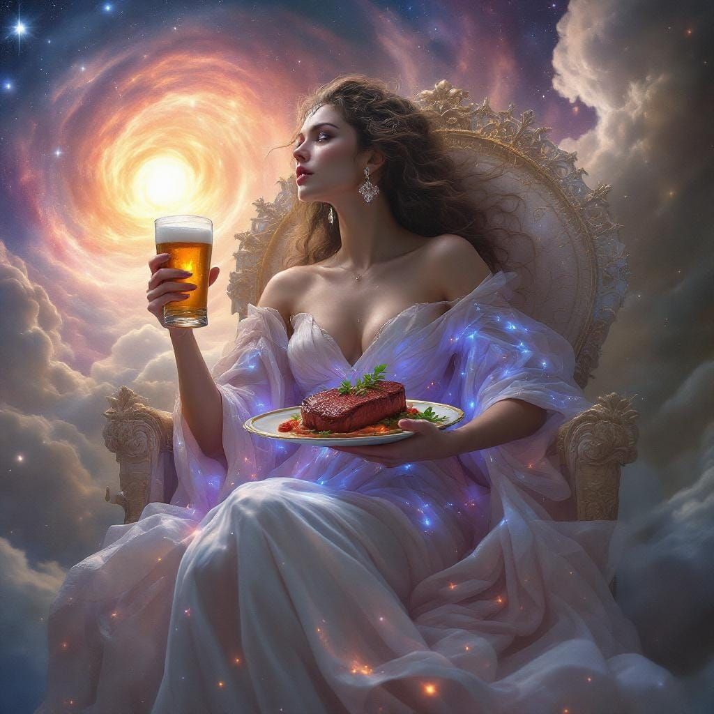 Goddess on Celestial Throne with Steak, Art Nouveau Style