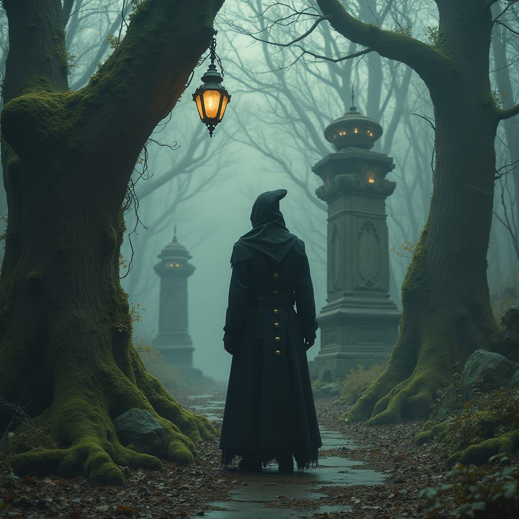 Steampunk Necromancer in a Crumbling Fey Woods