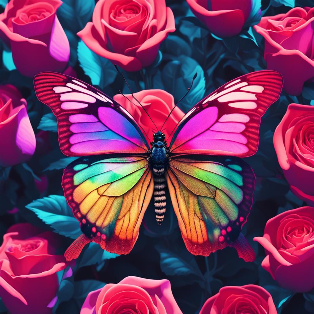 Iridescent Butterfly on Rose in Synthwave Style