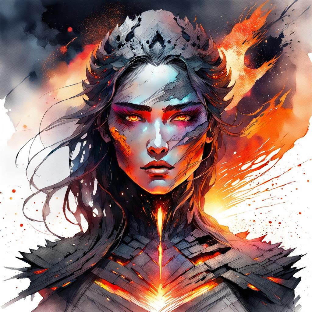 Lava Warrior Queen: Digital Watercolor Fantasy