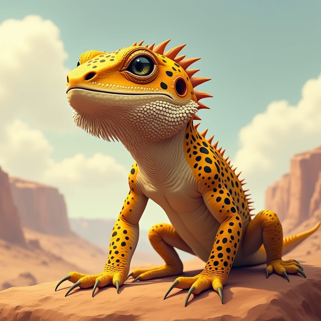Leopard Gecko-Bearded Dragon Hybrid in Atmospheric Desert