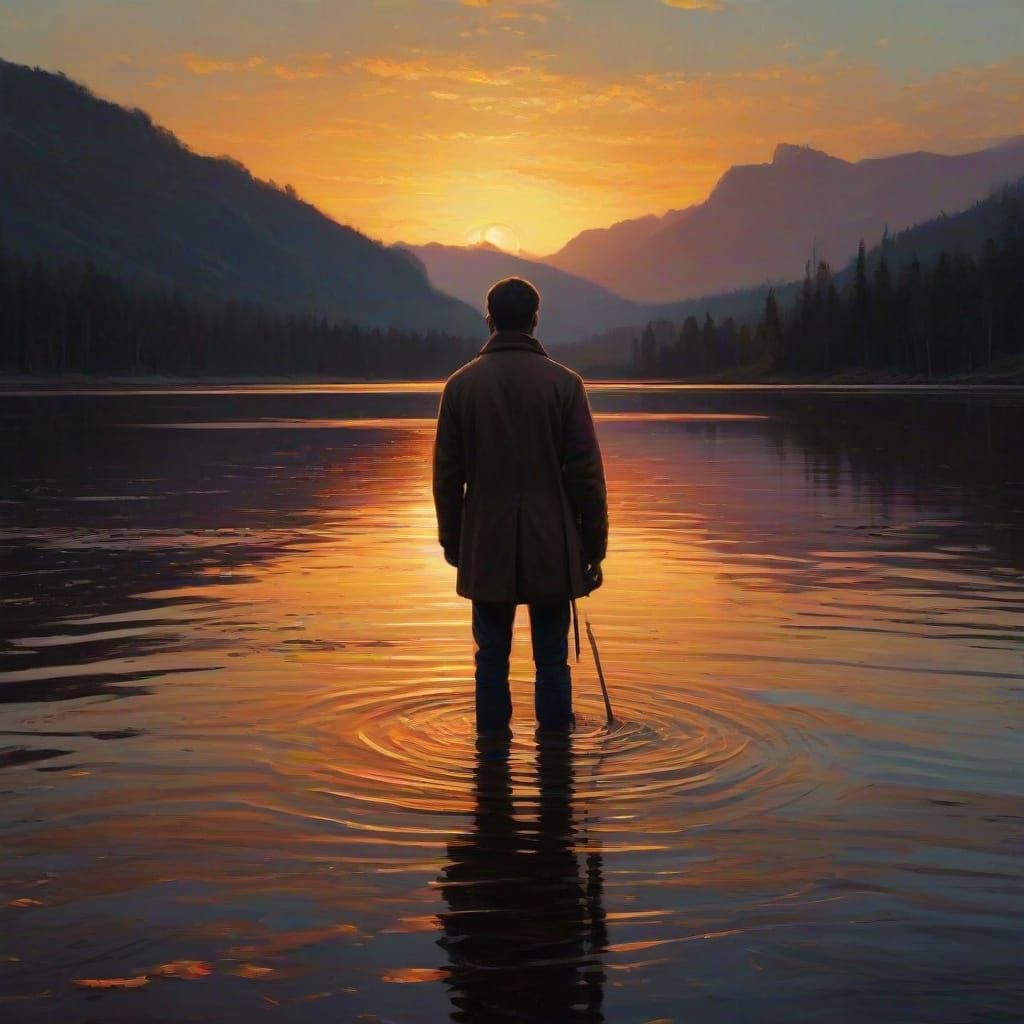 Mysterious Sunset Figure in Hyperdetailed Oil Painting