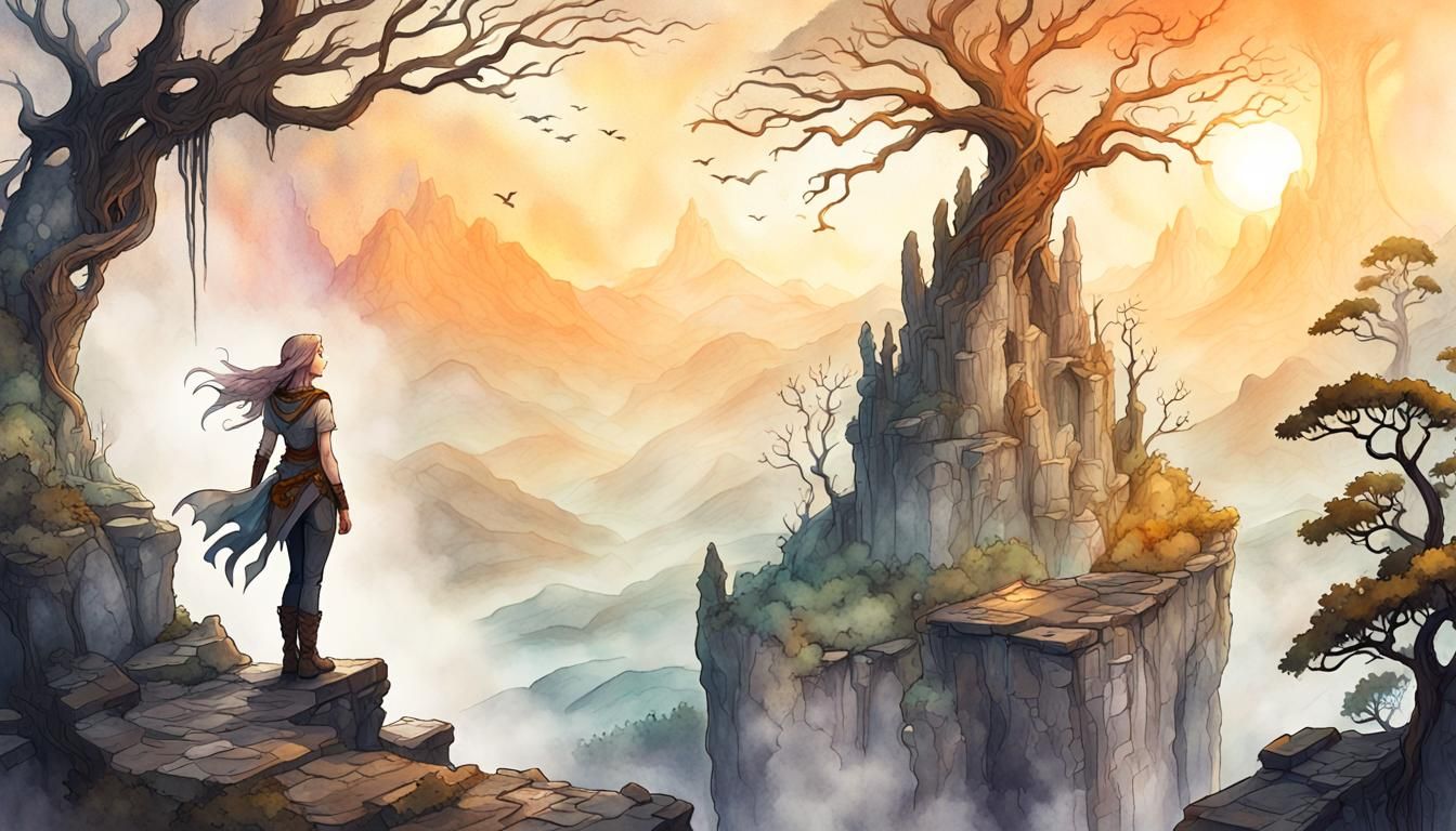 Mystical Fantasy Landscape with Adventurer in Watercolor Sty...