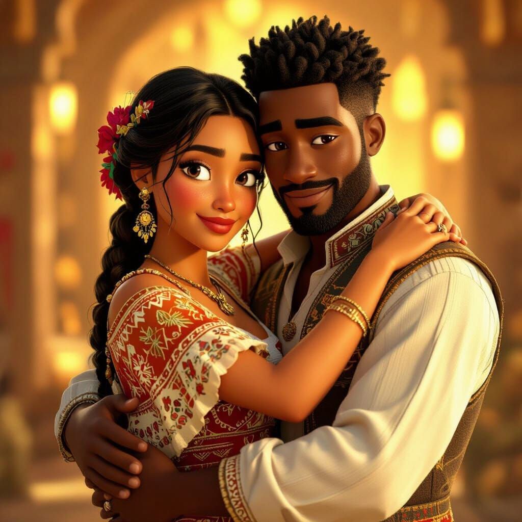 Pixar-Style Embrace: Mexican Woman and Black Man