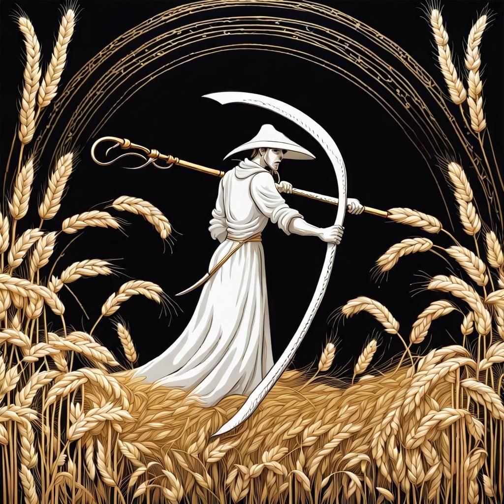 Fantastical Scythe Cutting Wheat on Black Background