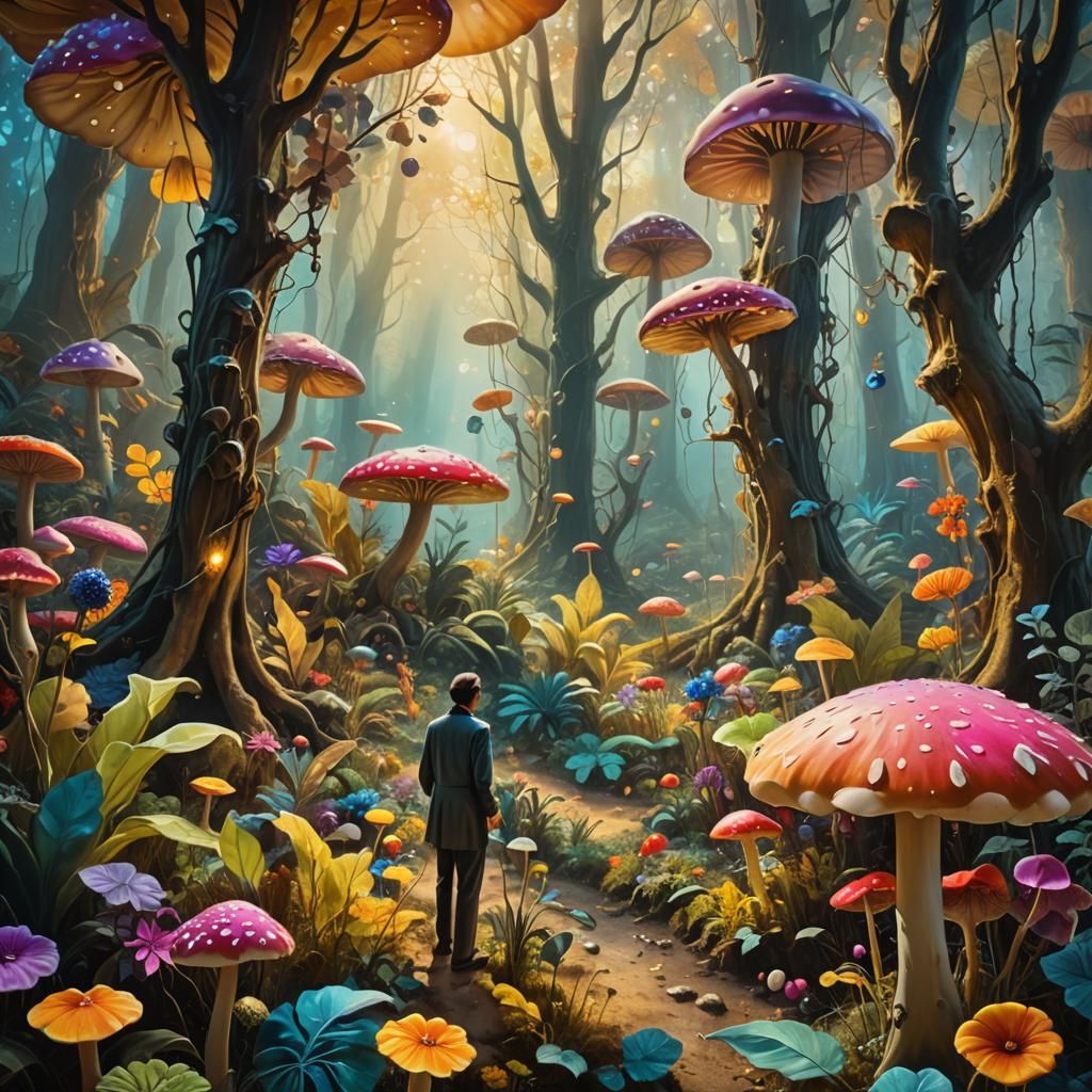 Surreal Forest with Glowing Leaves and Mystical Light