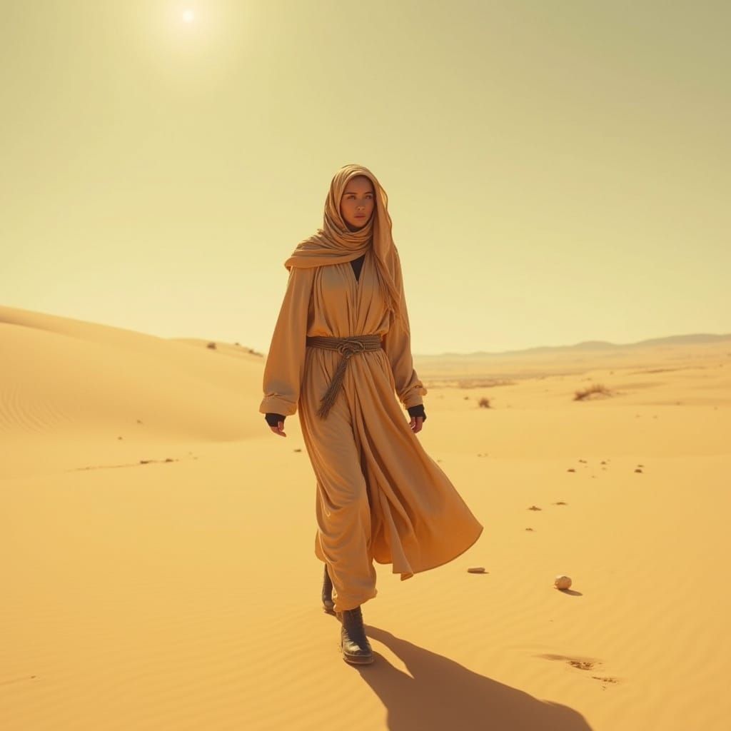 Desert Wanderer in Earth-Toned Robes, Under Scorching Sun