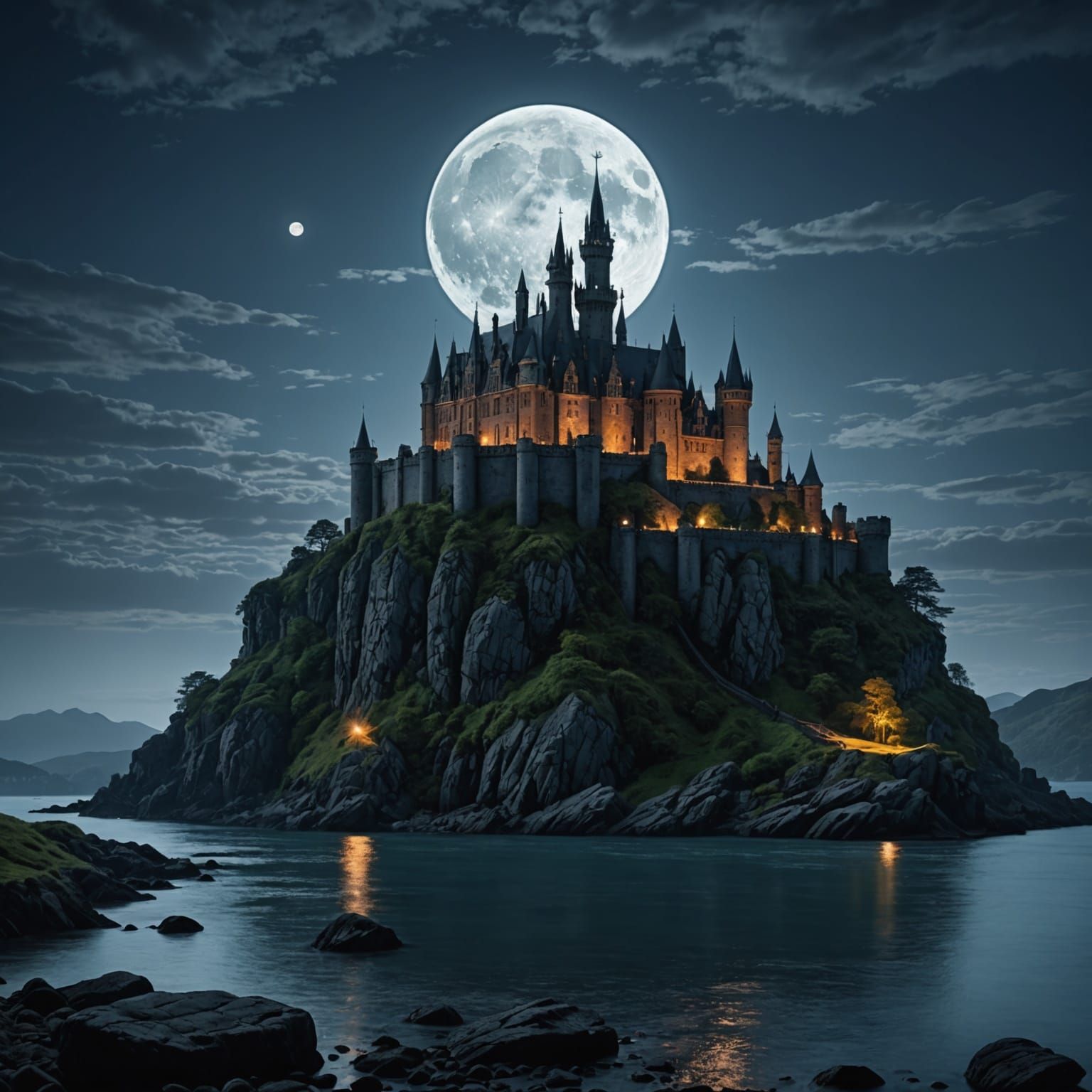 Majestic Gothic Castle on Rocky Island at Night