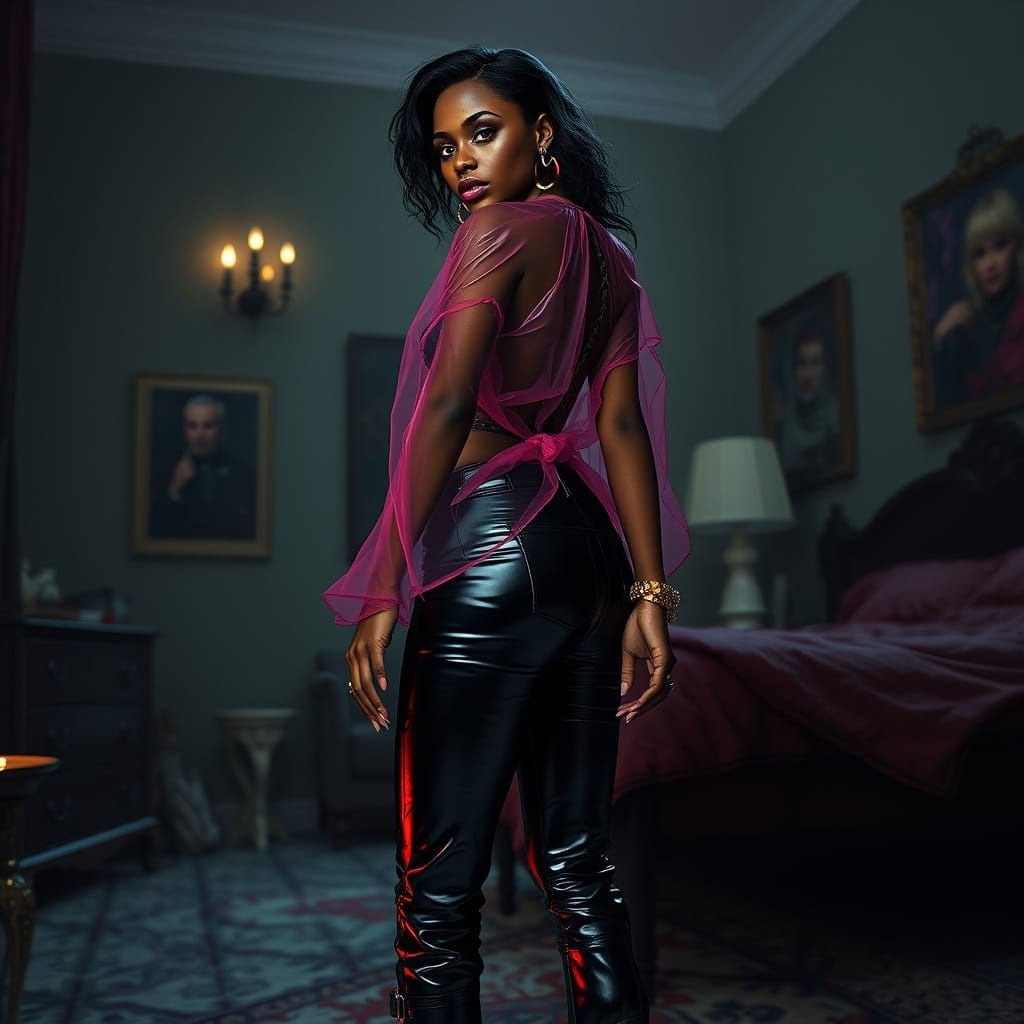 Black Woman in Pink Latex Blouse, Gothic Setting
