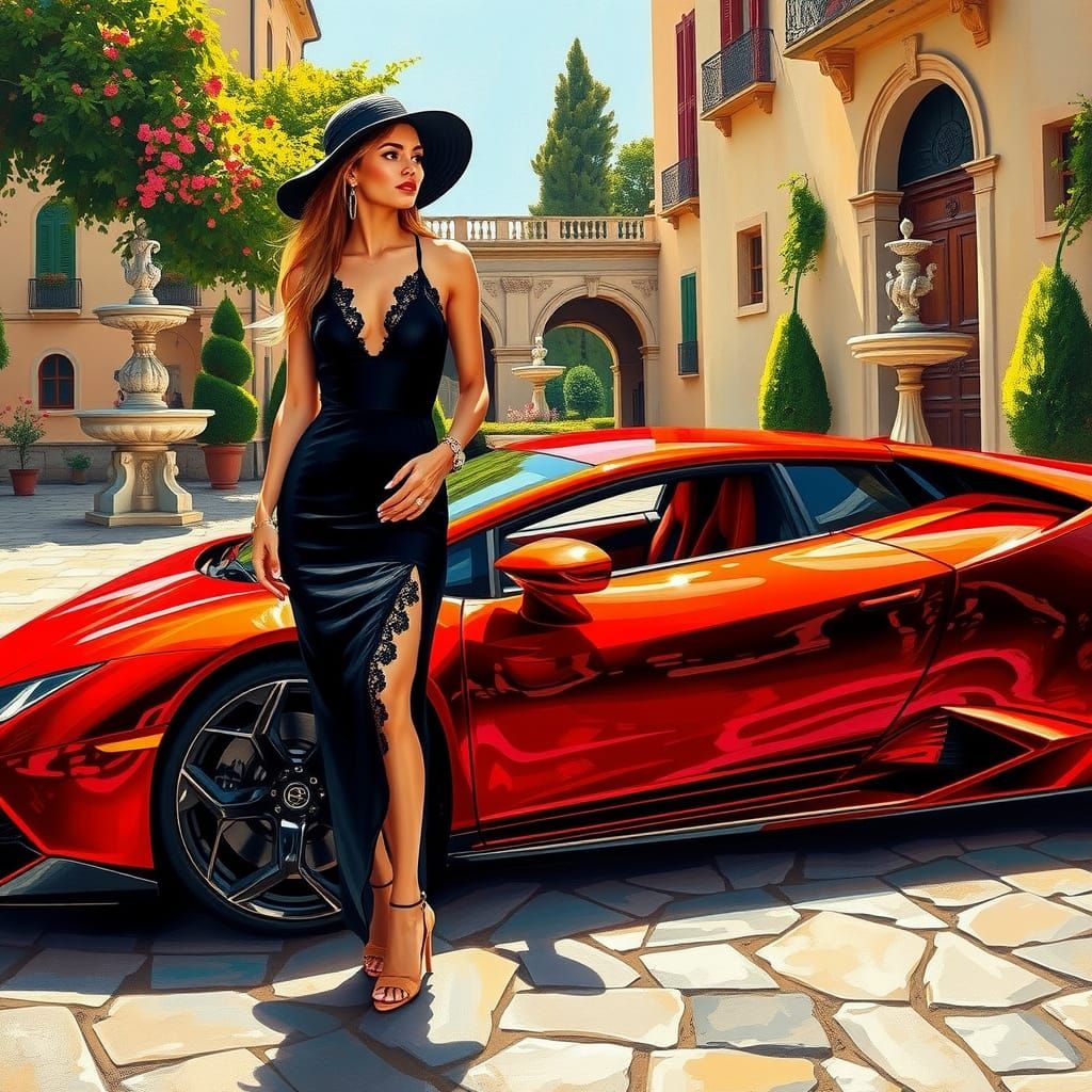 Elegant Lady with Red Lamborghini as Impasto Painting