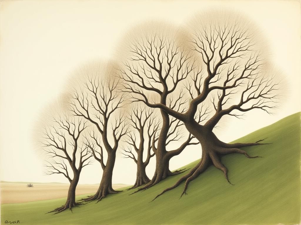 Gnarled Beech Trees Etching on a Hillside