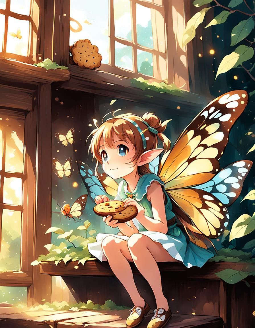 Anime Fairy Eating Cookie on Windowsill Illustration