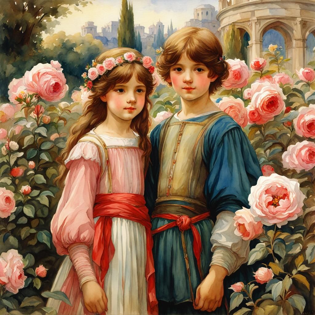 Medieval Sibling Portrait in Watercolor Rose Garden