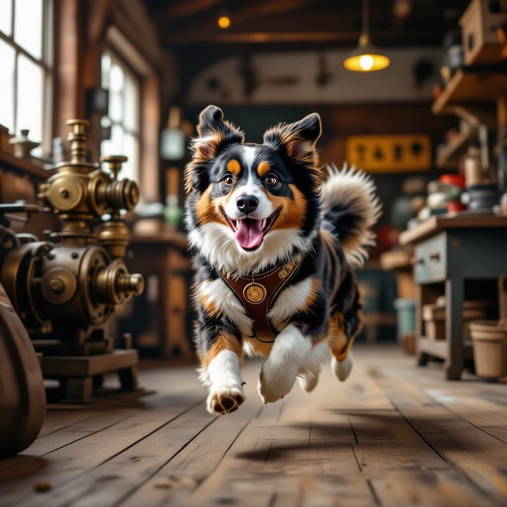 Steampunk Dog Runs into Workshop