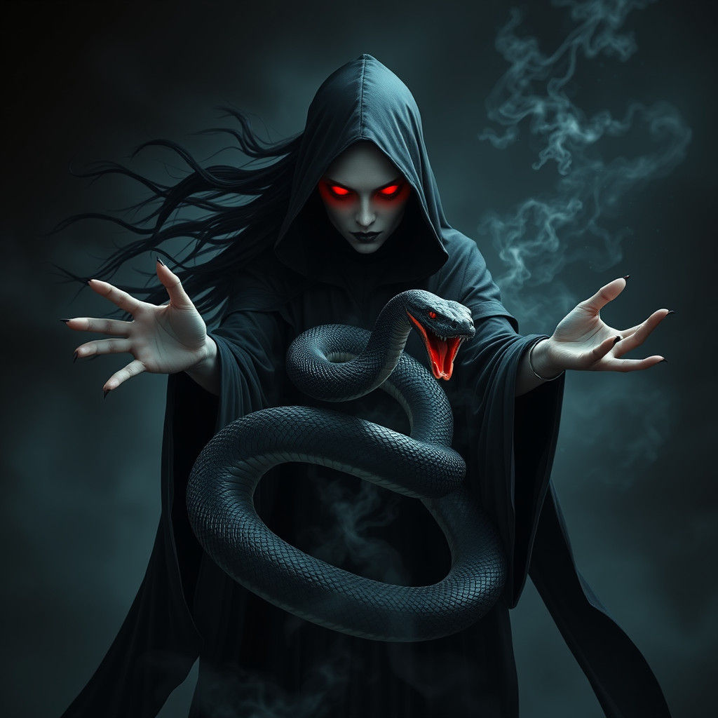 Dark Witch Conjures Serpent in Gothic Surrealism