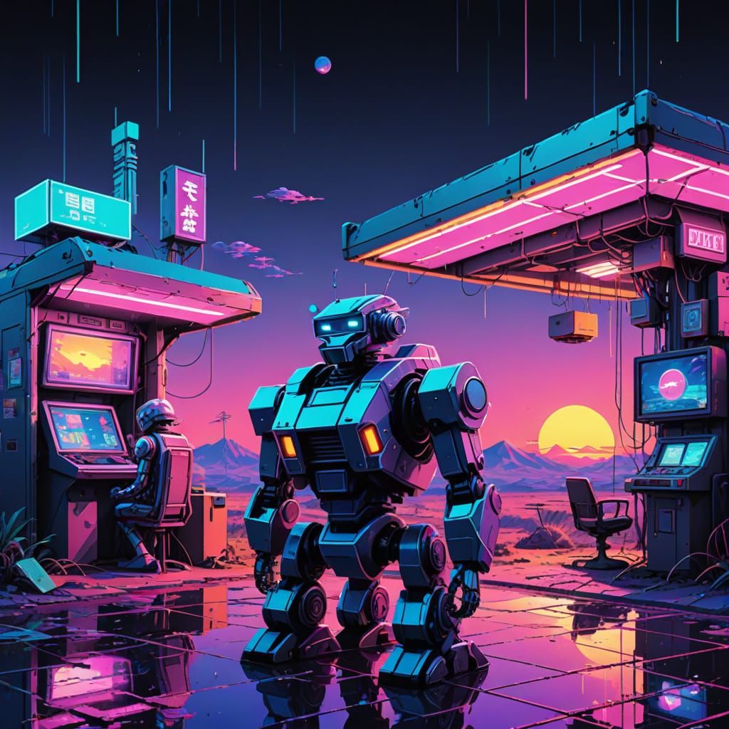 Retro Cyber Cafe in Futuristic Ruins