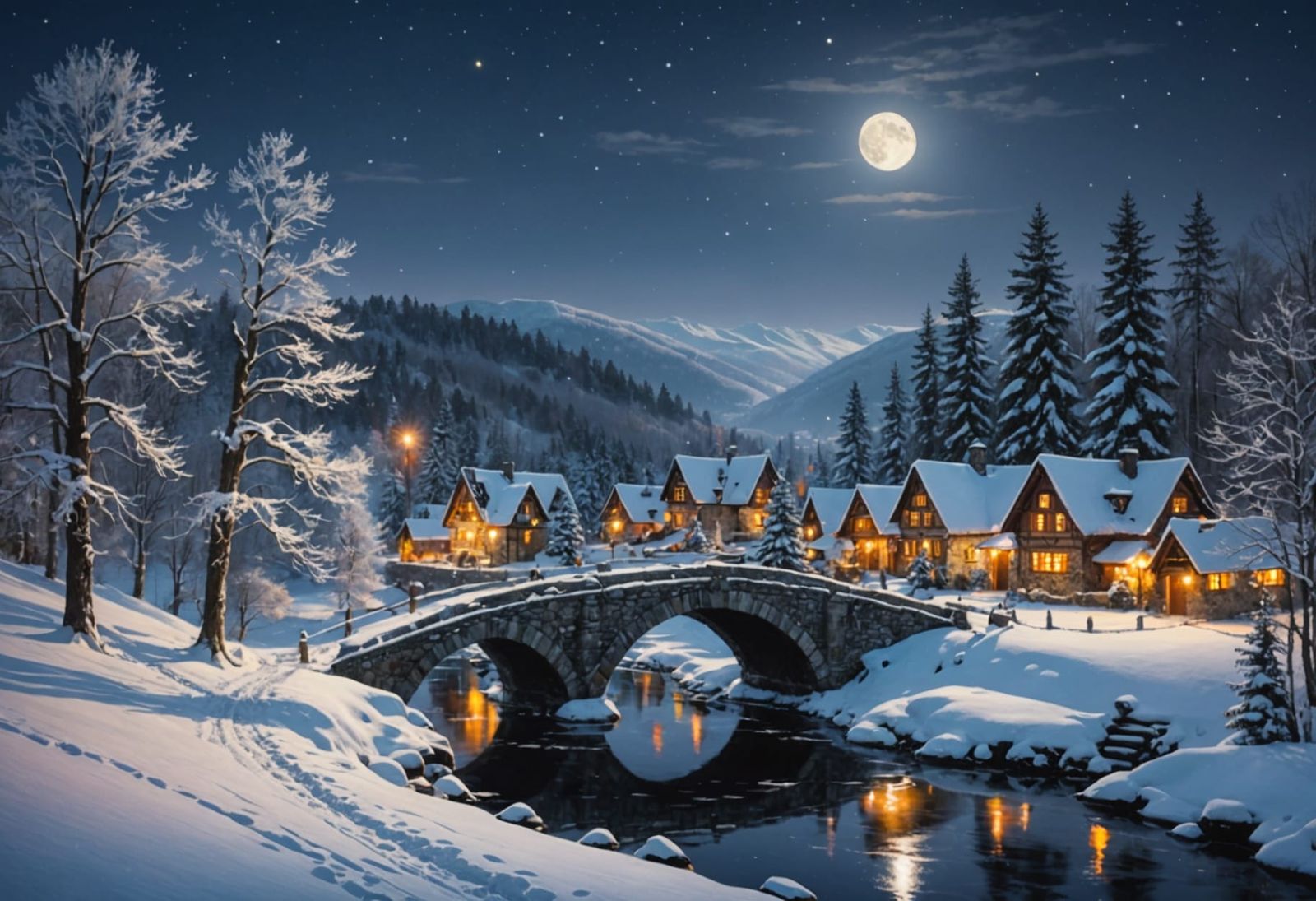 Moonlit Christmas Village Under Snowy Forest