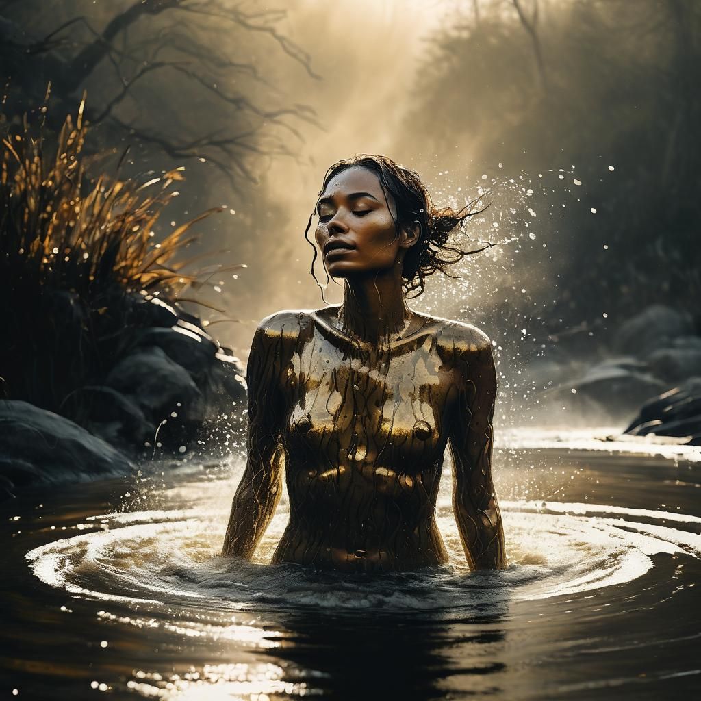 Whimsical Ink Illustration: Woman Bathing in River