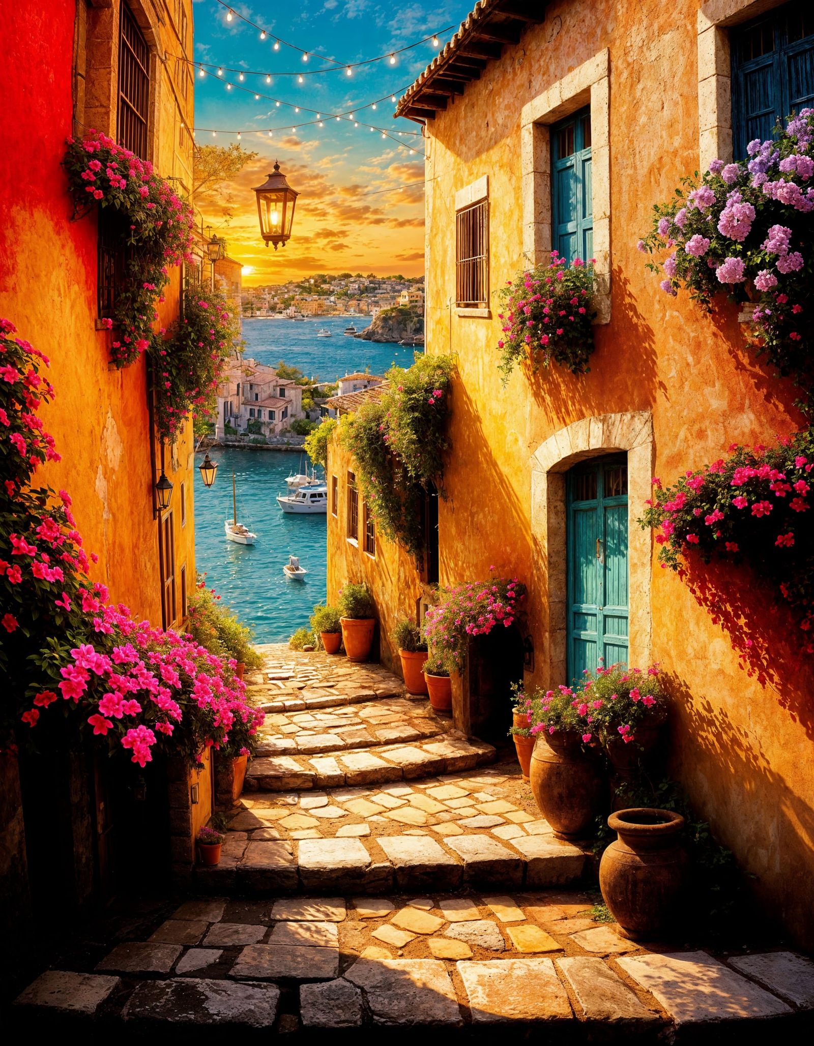 Mediterranean Village Alley at Sunset