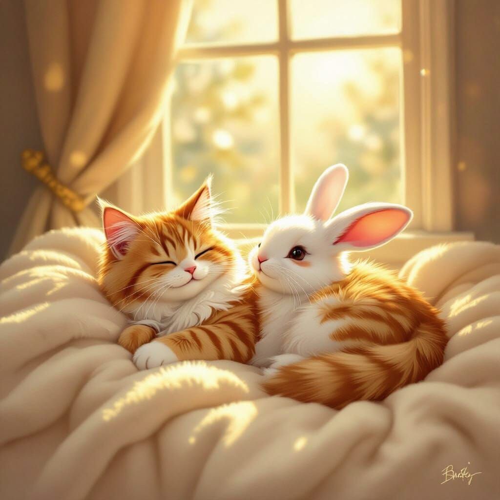 Cat-Rabbit Hybrid Lounging on Plush Blanket in Golden Hour