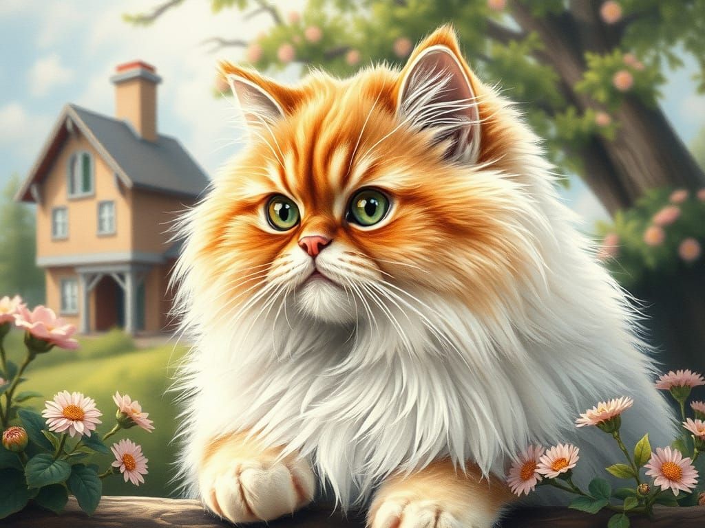 Persian Cat Portrait in Whimsical Cottagecore Style