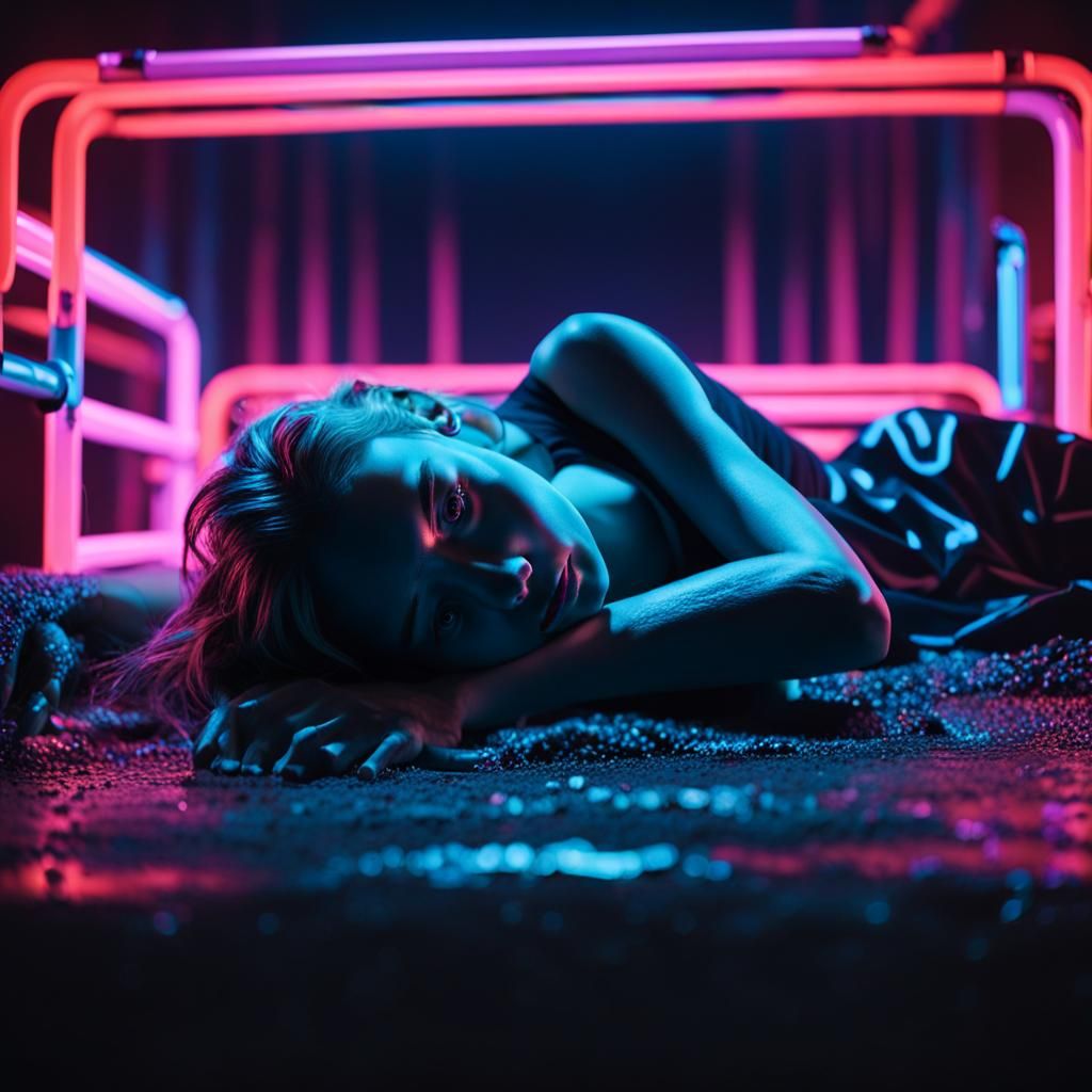 Person on Neon Bed in Dark Sci-Fi Room