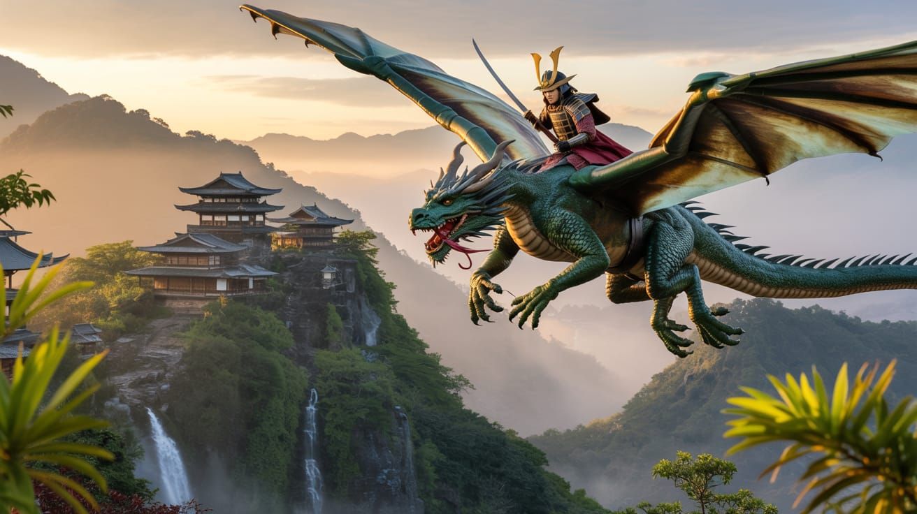 Dragon Rider Over Ancient Monasteries