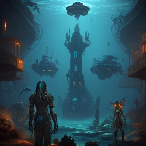 Underwater Egyptian City in Steampunk Cyberpunk Style