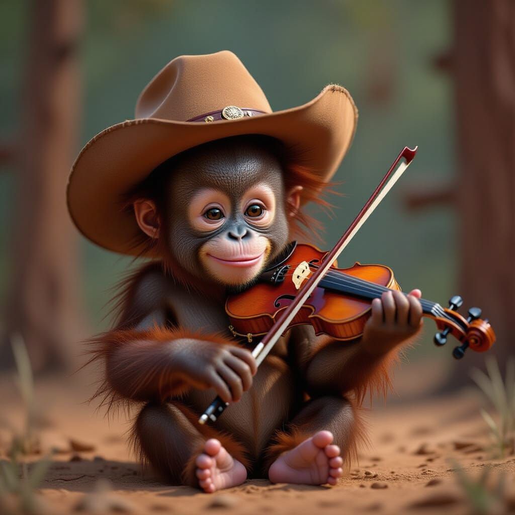 a cute baby orangutan playing cheerfully the fiddle while we...