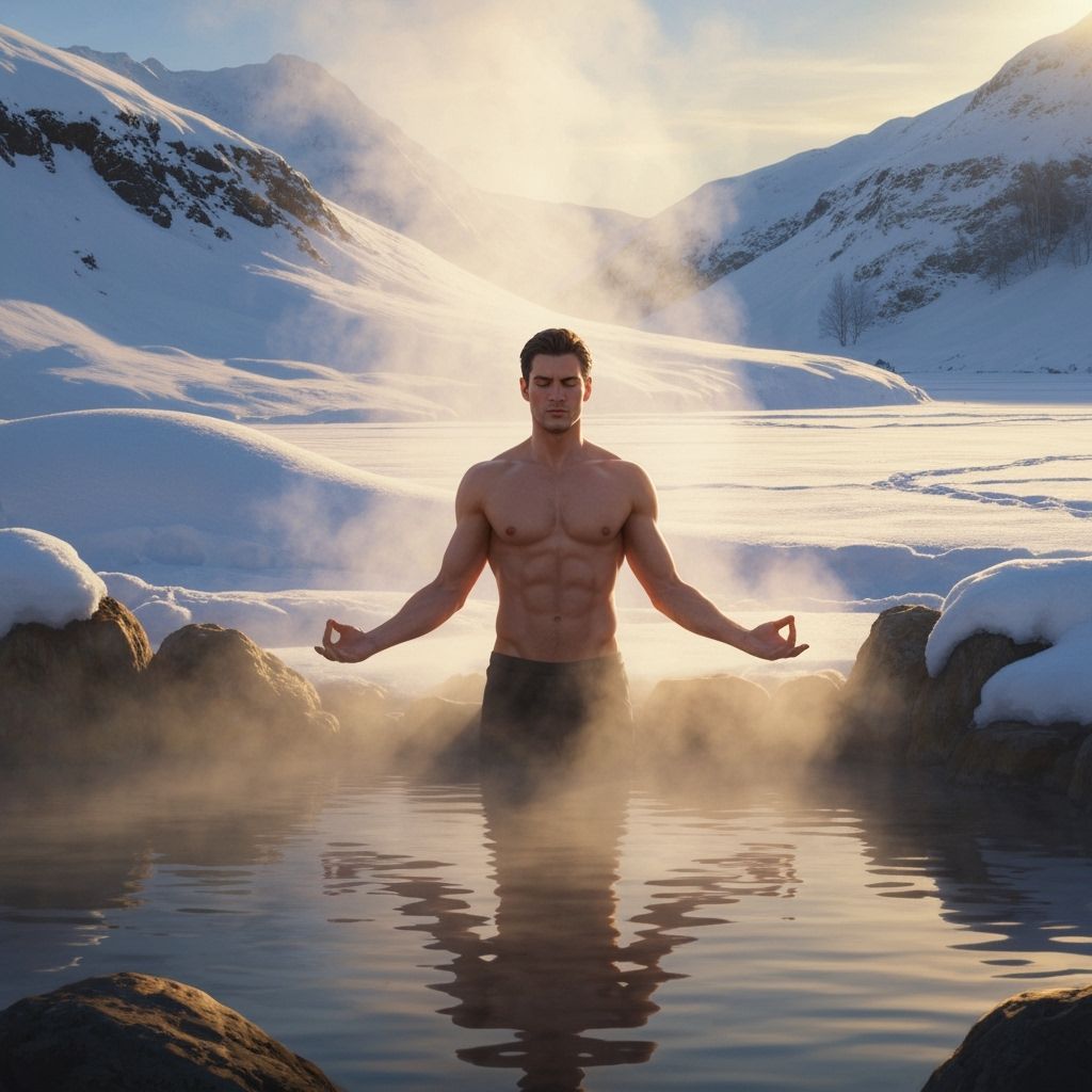 Muscular Man Meditating in Snowy Hot Spring at Golden Hour