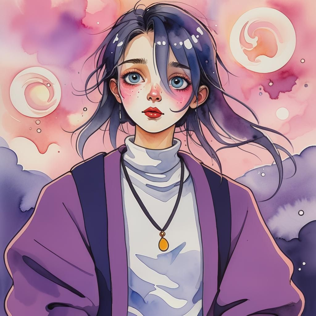 Emotional Portrait with Swirling Clouds in Watercolor