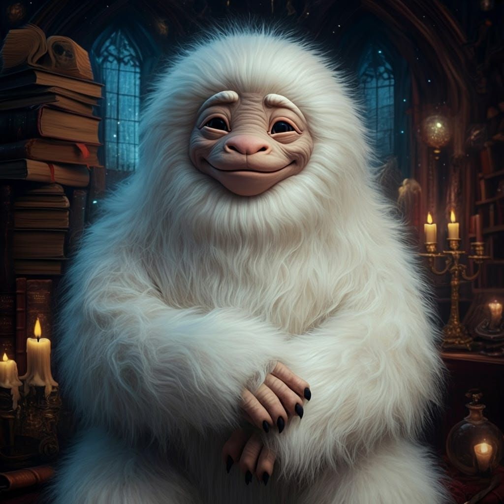 Friendly Wizard in Luxurious White Fur, Whimsical Fantasy, H...