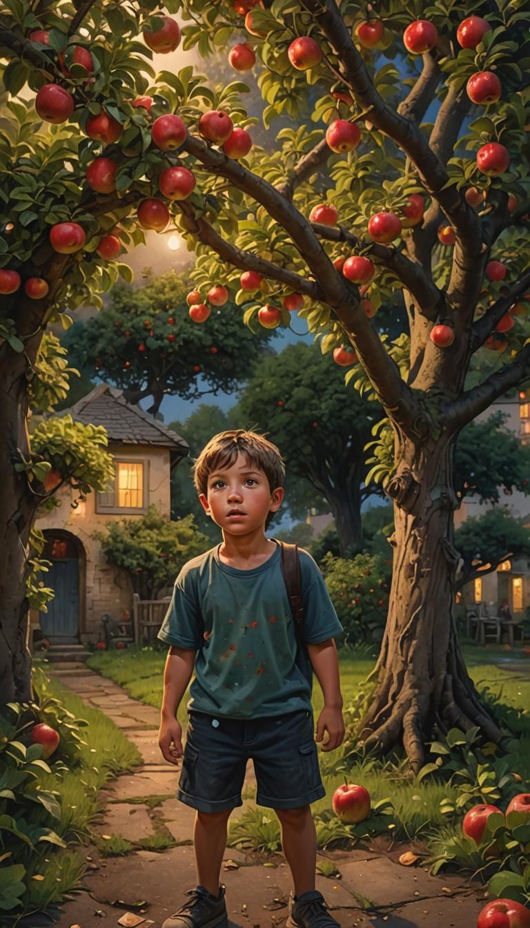 Hyperrealistic Boy Under Apple Tree at Night