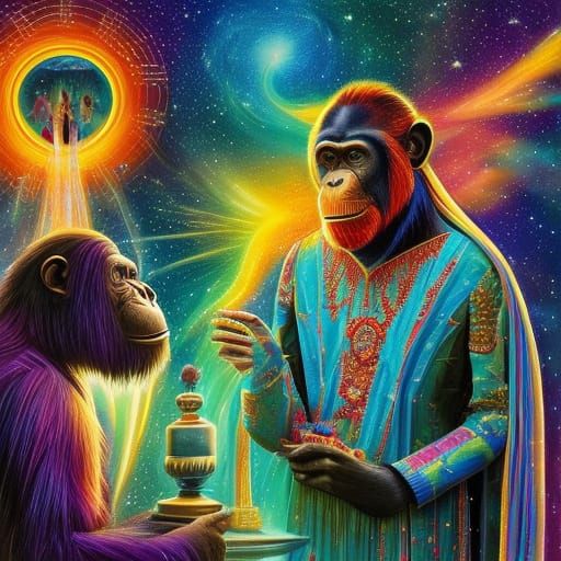 Cosmic Chimpanzee and Orangutan Wedding Illustration